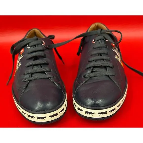 Bally Animal Anistern Navy Blue Leather Low Top Embroidered Sneakers Sz 6 1/2 D